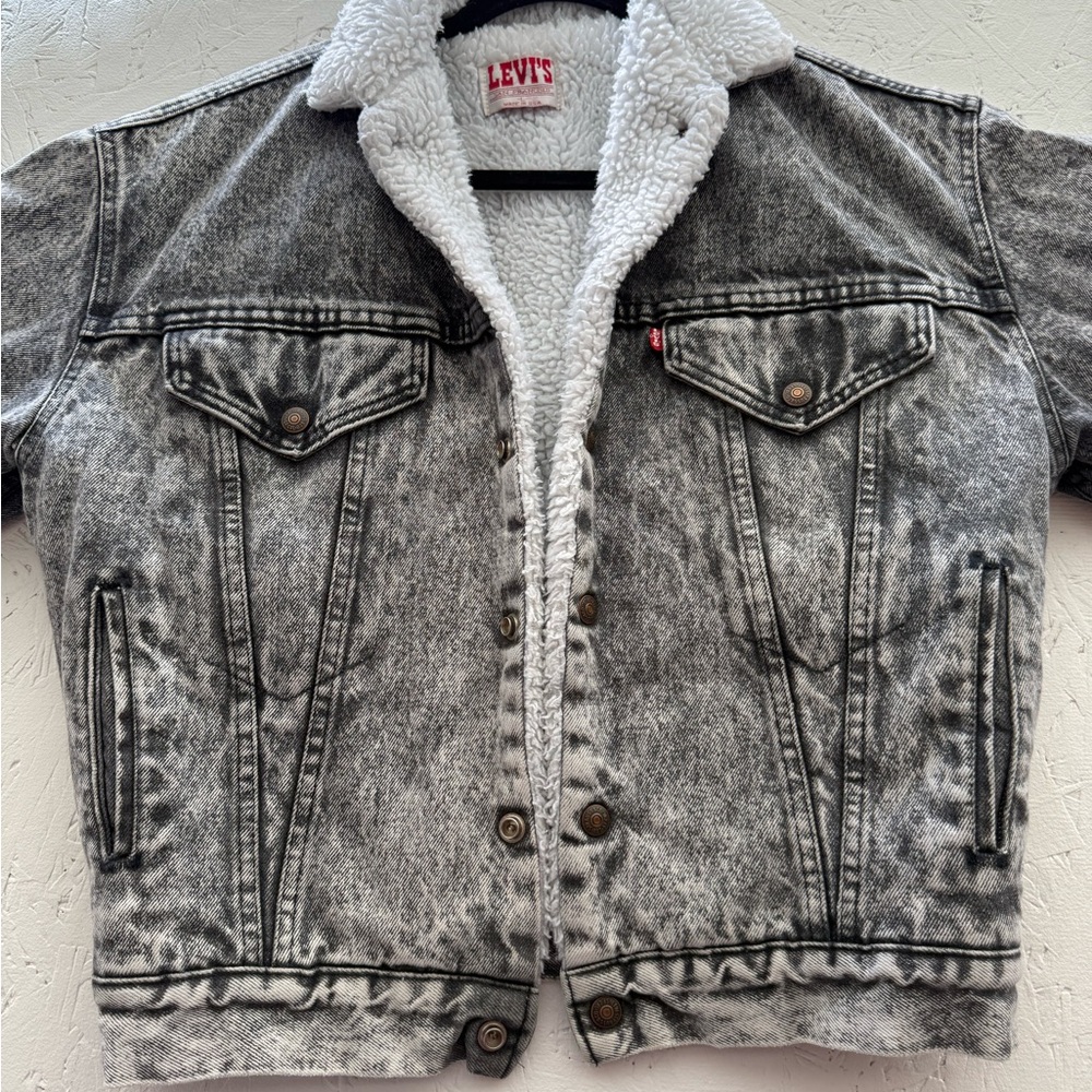 Vintage 90s Levi's Black Denim Trucker Jacket White Sherpa Lining Size Large
